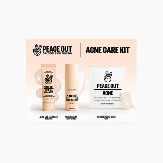 Peace Out Acne Care Kit featuring an Acne Gel Cleasner, Acne Serum, and an Acne Treatment Dots packet on a white background within a soft peach box.