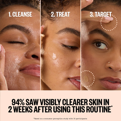 Three-panel Peace Out routine on a woman's face: 1. cleanse, 2. treat, 3. target, with a consumer claim.
