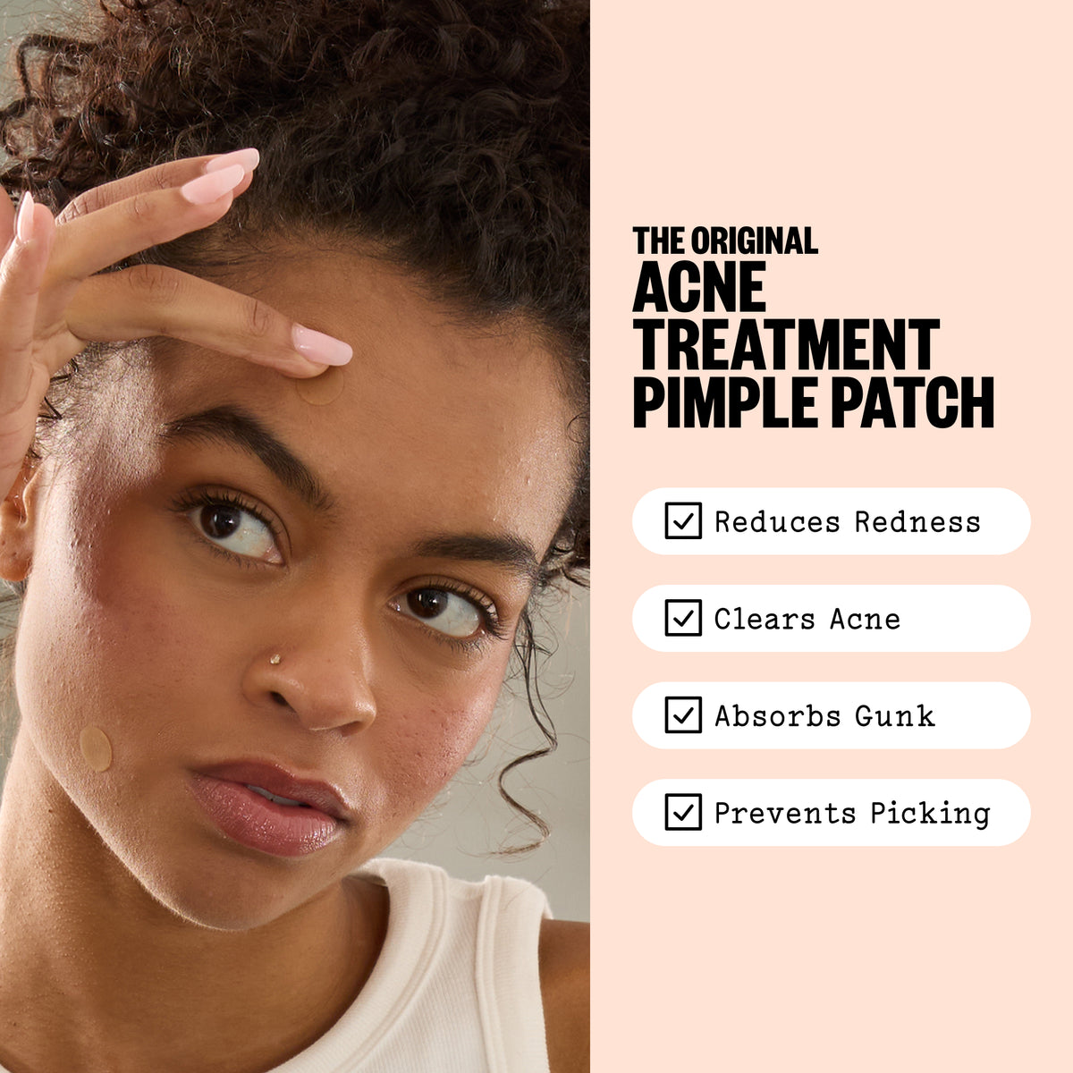 A close-up of a woman with curly hair applying a Peace Out Acne Treatment Patch, next to text that reads 'THE ORIGINAL ACNE TREATMENT PIMPLE PATCH' with bullet points listing benefits like reducing redness, clearing acne, absorbing gunk, and preventing picking.
