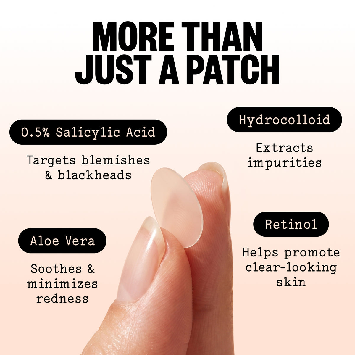 A close-up of a hand holding a Peace Out Acne Treatment Dot against a pale peach background, with black text callouts reading 'MORE THAN JUST A PATCH' and ingredient benefits including 0.5% Salicylic Acid, Hydrocolloid, Aloe Vera, and Retinol