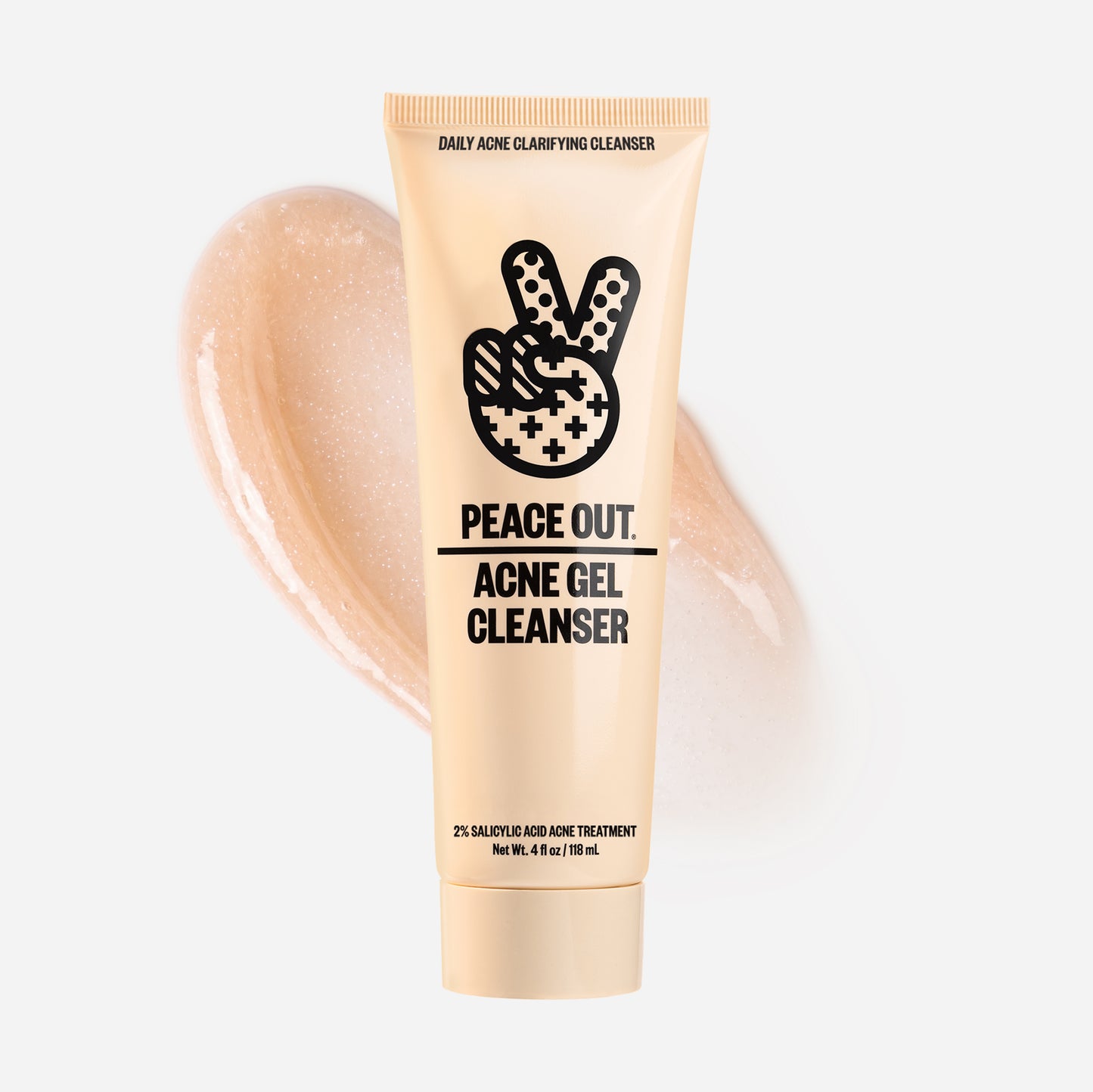 A squeeze tube of Peace Out Acne Gel Cleanser in a light peach-beige shade, displayed against a matching beige gel swatch on a clean white background.