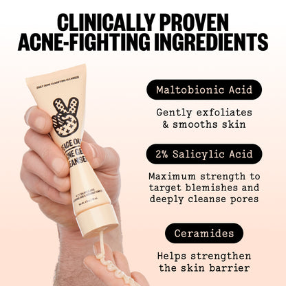 A hand holds a squeeze tube of Peace Out Acne Gel Cleanser against a soft peach background, with large text reading 'Clinically Proven Acne-Fighting Ingredients' and callouts for Maltobionic Acid, 2% Salicylic Acid, and Ceramides.