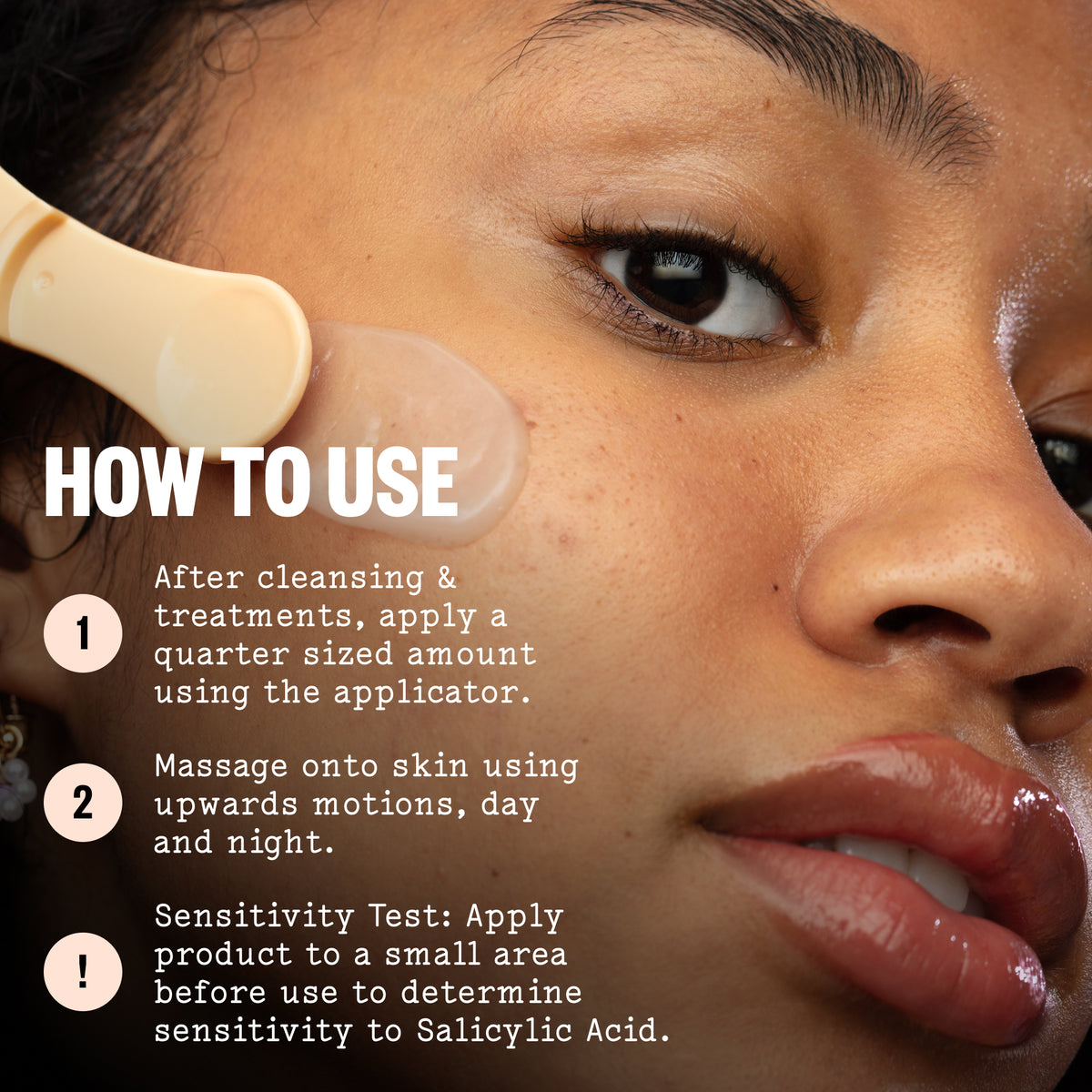 Close-up of a person applying Acne Gel Moisturizer with a beige applicator to their cheek, with overlaid text reading 'HOW TO USE' and numbered instructions.