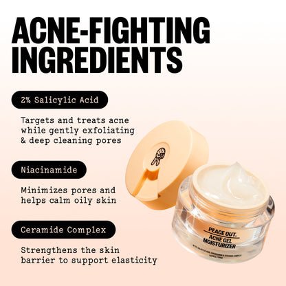 A jar of Acne Gel Mosisturizer with promotional text highlighting 2% salicylic acid, Niacinamide, and Ceramide Complex ingredients.