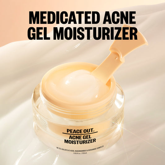 A clear jar of Peace Out Acne Gel Moisturizer with a beige spatula inside, set against a soft white draped background with large black text reading 'MEDICATED ACNE GEL MOISTURIZER'.