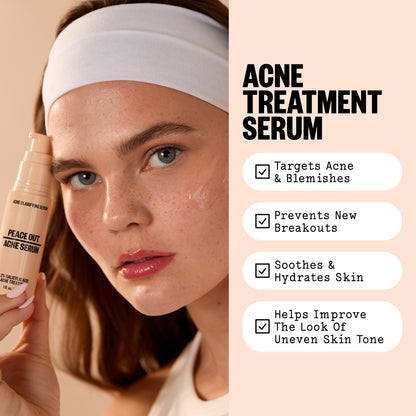 A woman holds Acne Serum next to her face with 4 product benefits.