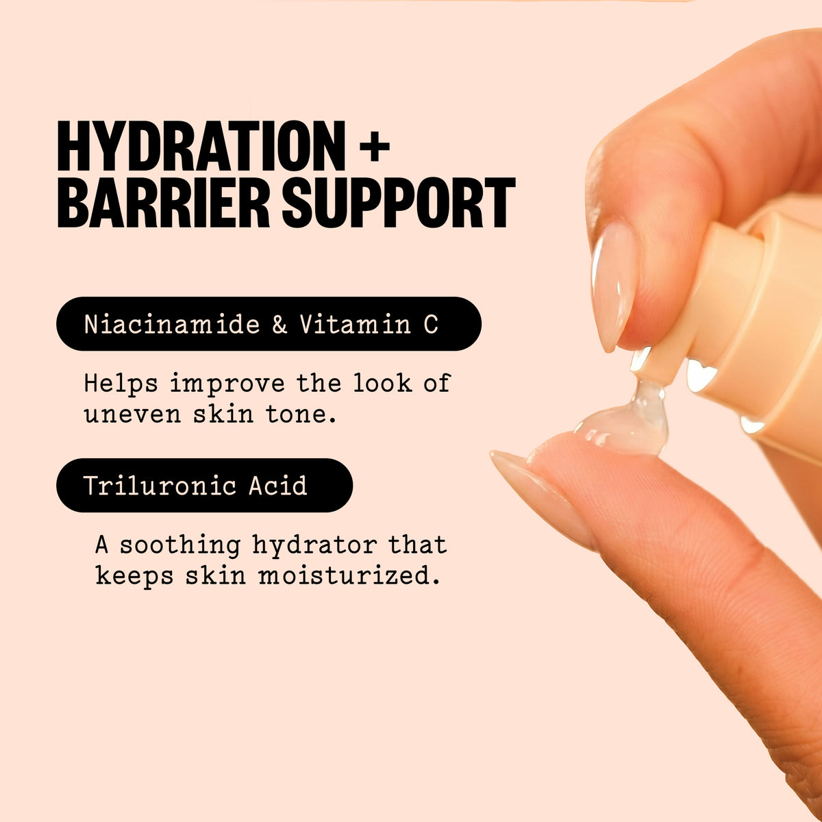 A bottle of Peace Out Acne Serum shown on a warm beige background with promotional text highlighting niacinamide, vitamin C, and trillionic acid benefits.