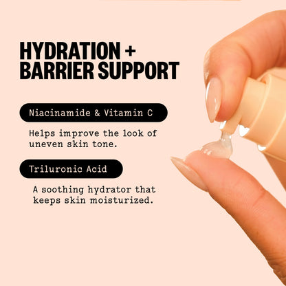 A bottle of Peace Out Acne Serum shown on a warm beige background with promotional text highlighting niacinamide, vitamin C, and trillionic acid benefits.