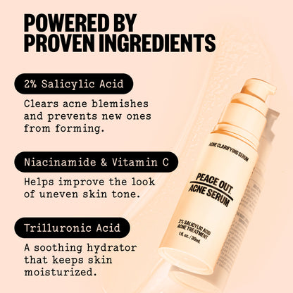 A bottle of Peace Out Acne Serum shown on a warm beige background with promotional text highlighting salicylic acid, niacinamide, vitamin C, and trillionic acid benefits.