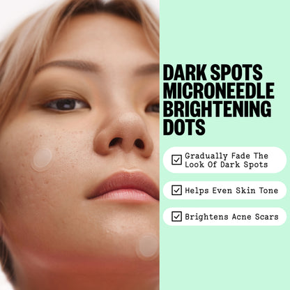 Close-up of a woman's face with visible blemishes and freckles, alongside text reading 'Dark Spots Microneedle Brightening Dots' and three benefit bullet points on a mint green background.
