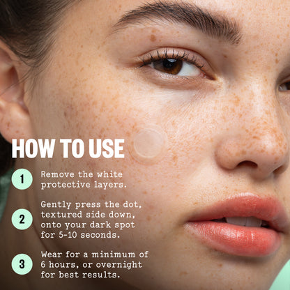 Close-up of a woman's face with skincare text and numbered steps overlaid on the left side, explaining how to use a dark spot treatment dot on the cheek.