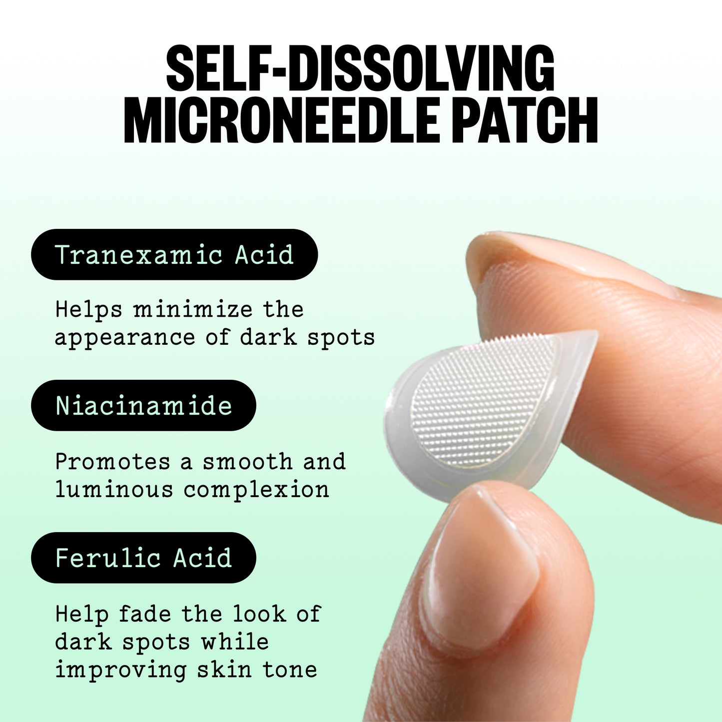 A close up of Dark Spots microneedling dot. The graphic shares key ingredients Tranexamic Acid, Niacinamide, & ferulic acid.