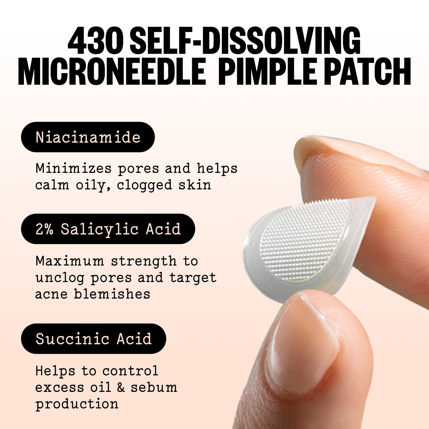 A close-up of a hand holding an Early Stage Acne Dot with a raised textured center, set against a pale peach background with text describing ingredients and benefits: niacinamide, 2% salicylic acid, and succinic acid.