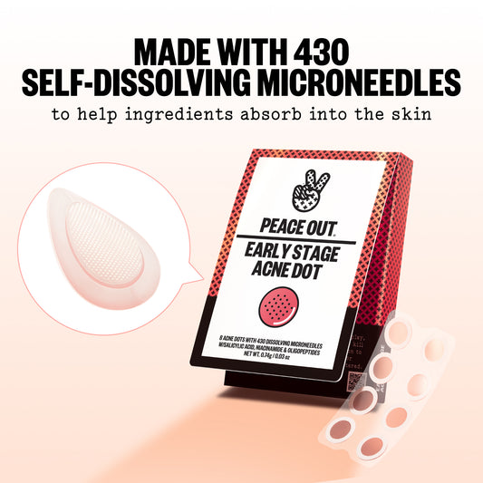 A box of Peace Out Early Stage Acne Dots shown on a soft peach background with marketing text reading 'MADE WITH 430 SELF-DISSOLVING MICRONEDLES' and a callout showing the needle patch.