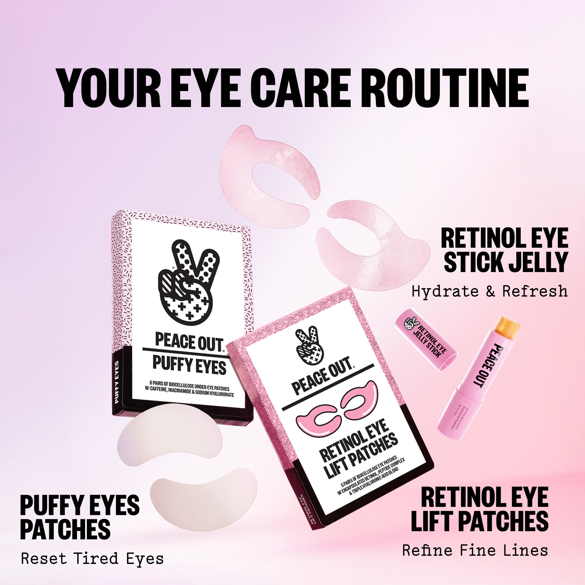 A pink and white beauty routine graphic showing multiple Peace Out products: puffy eye patches, retinol eye lift patches, and a retinol eye stick jelly, with text labels on a soft pink gradient background.