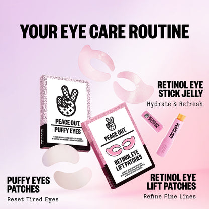 A pink and white beauty routine graphic showing multiple Peace Out products: puffy eye patches, retinol eye lift patches, and a retinol eye stick jelly, with text labels on a soft pink gradient background.