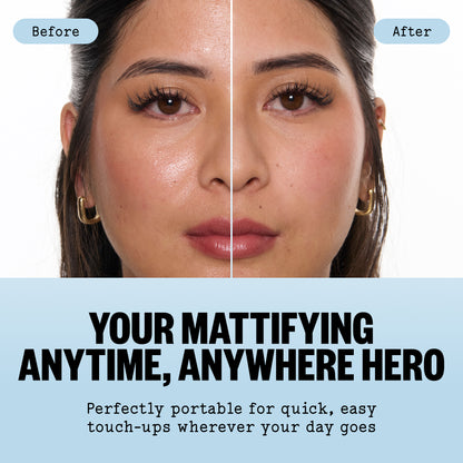 Before-and-after of a woman's face with Peace Out Oil Control Roller results for anytime touch-ups.