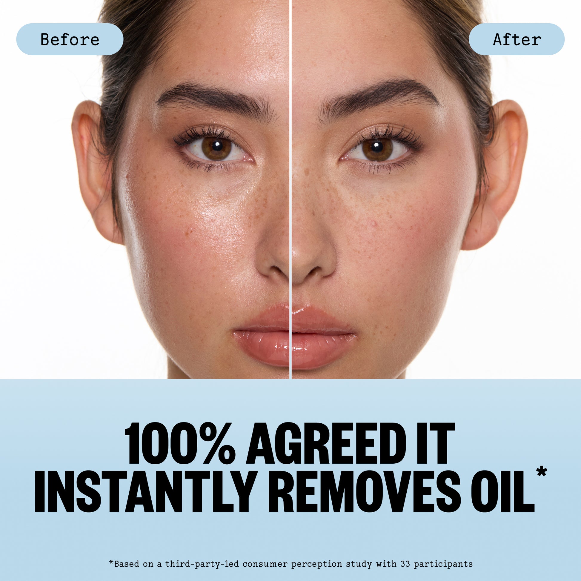 Before and after split-screen comparison of a woman's face showing oil reduction after using Oil Control Roller with text below reading '100% AGREED IT INSTANTLY REMOVES OIL'.