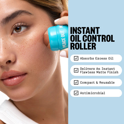 Woman rolling the Peace Out Instant Oil Control Roller along her T-zone.