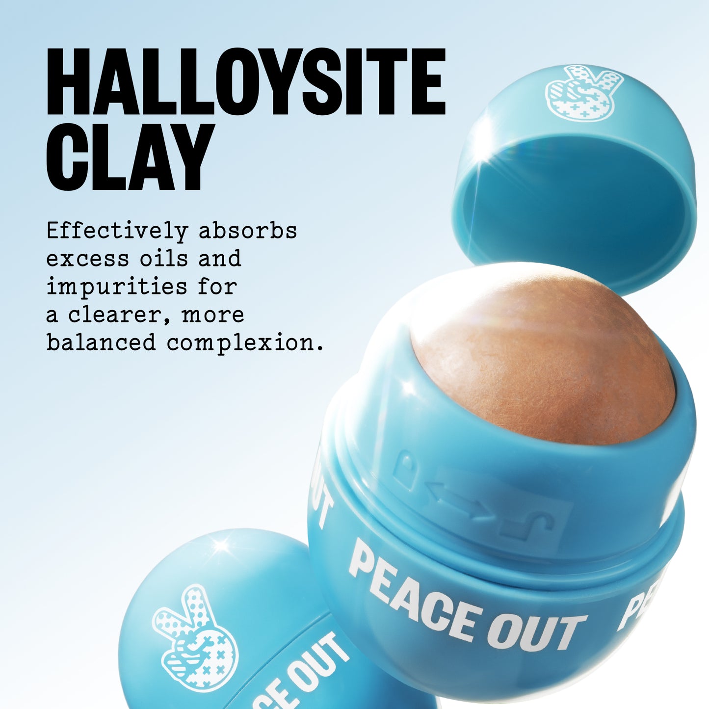 An open Oil Control Roller with the ingredient call out 'HALLOYSITE CLAY'  with descriptive text about absorbing excess oils and impurities, shown on a light blue background