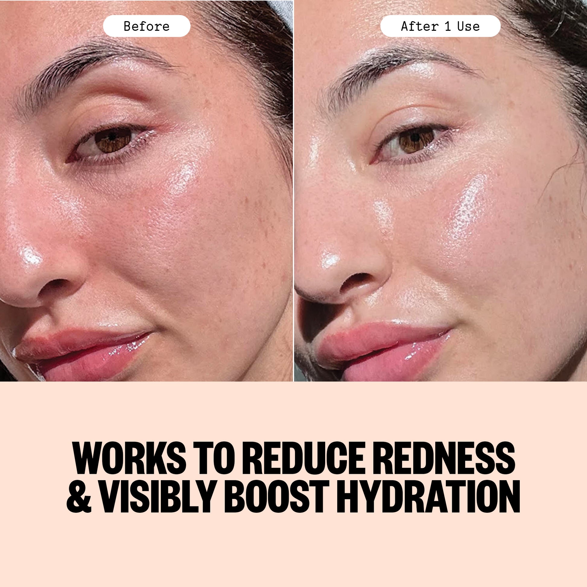 Before and after comparison of a person's face with text indicating Peace Out Overnight Bio-Collagen Recovery Mask's effectiveness.