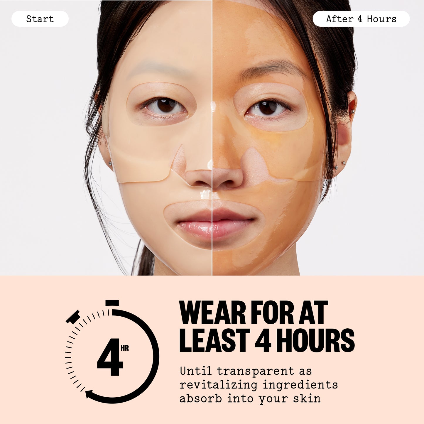 Before and after comparison of a woman's face with text indicating Peace Out Overnight Bio-Collagen Recovery Mask's application time.