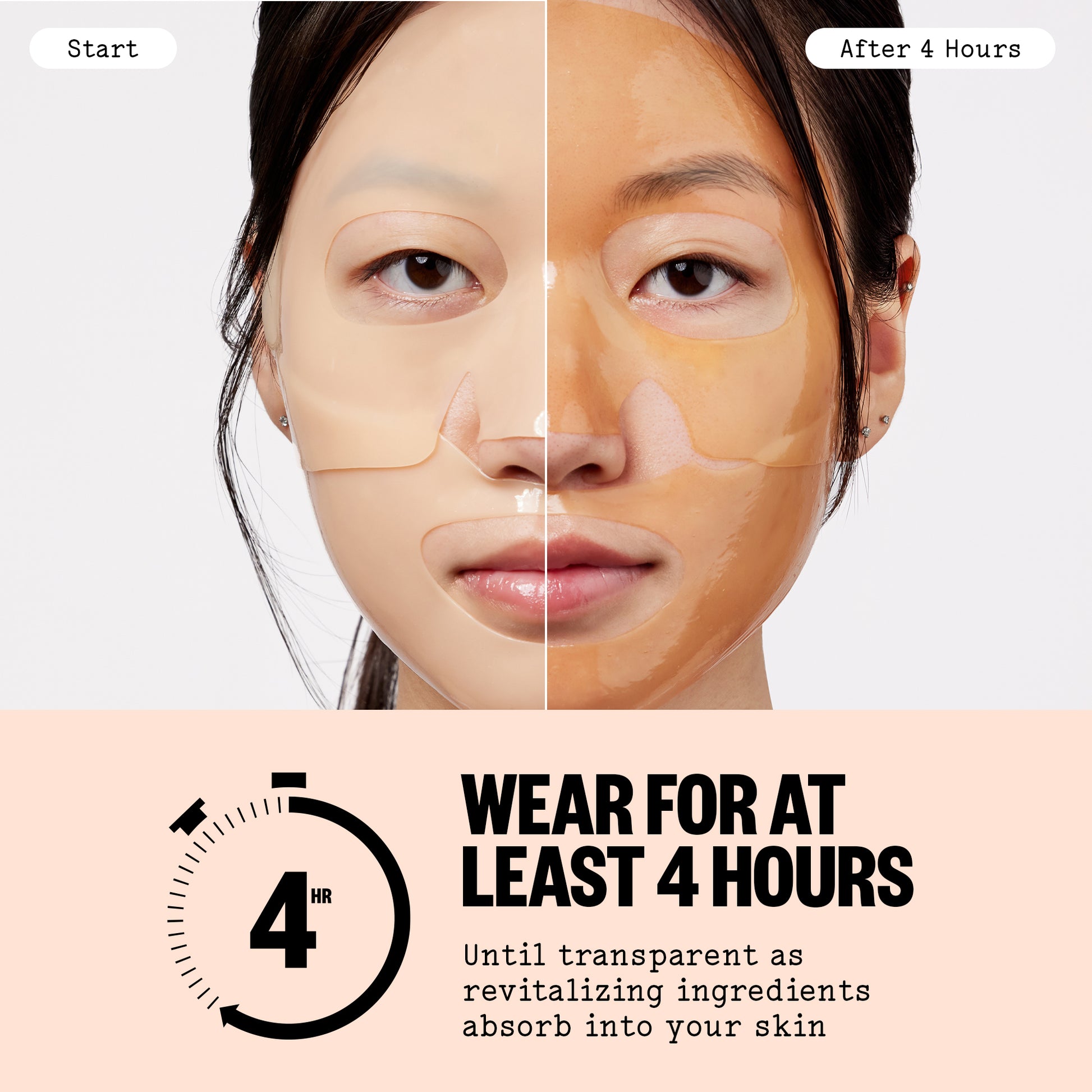 Before and after comparison of a woman's face with text indicating Peace Out Overnight Bio-Collagen Recovery Mask's application time.