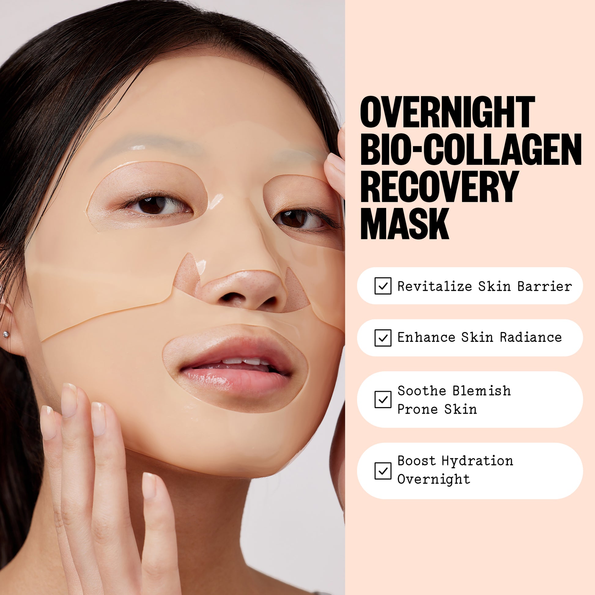 Person wearing a Peace Out Overnight Bio-Collagen Recovery Mask with product features listed on the side.