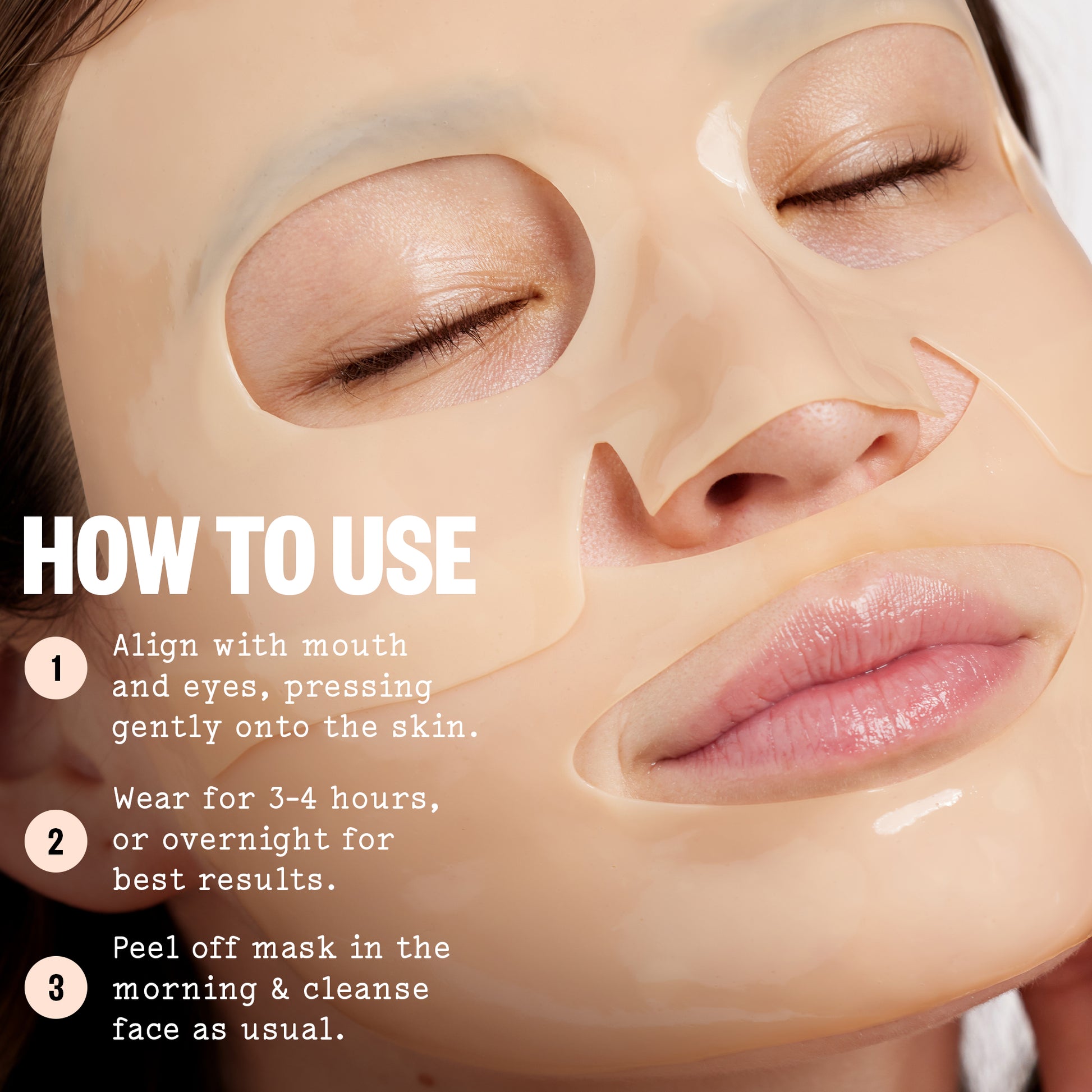 Peace Out Overnight Bio-Collagen Recovery Mask application with usage instructions on a close-up of a woman's face.