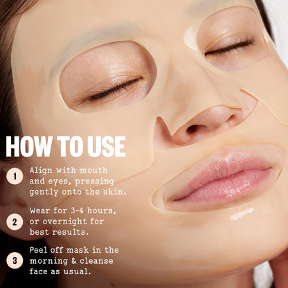 Peace Out Overnight Bio-Collagen Recovery Mask application with usage instructions on a close-up of a woman's face.