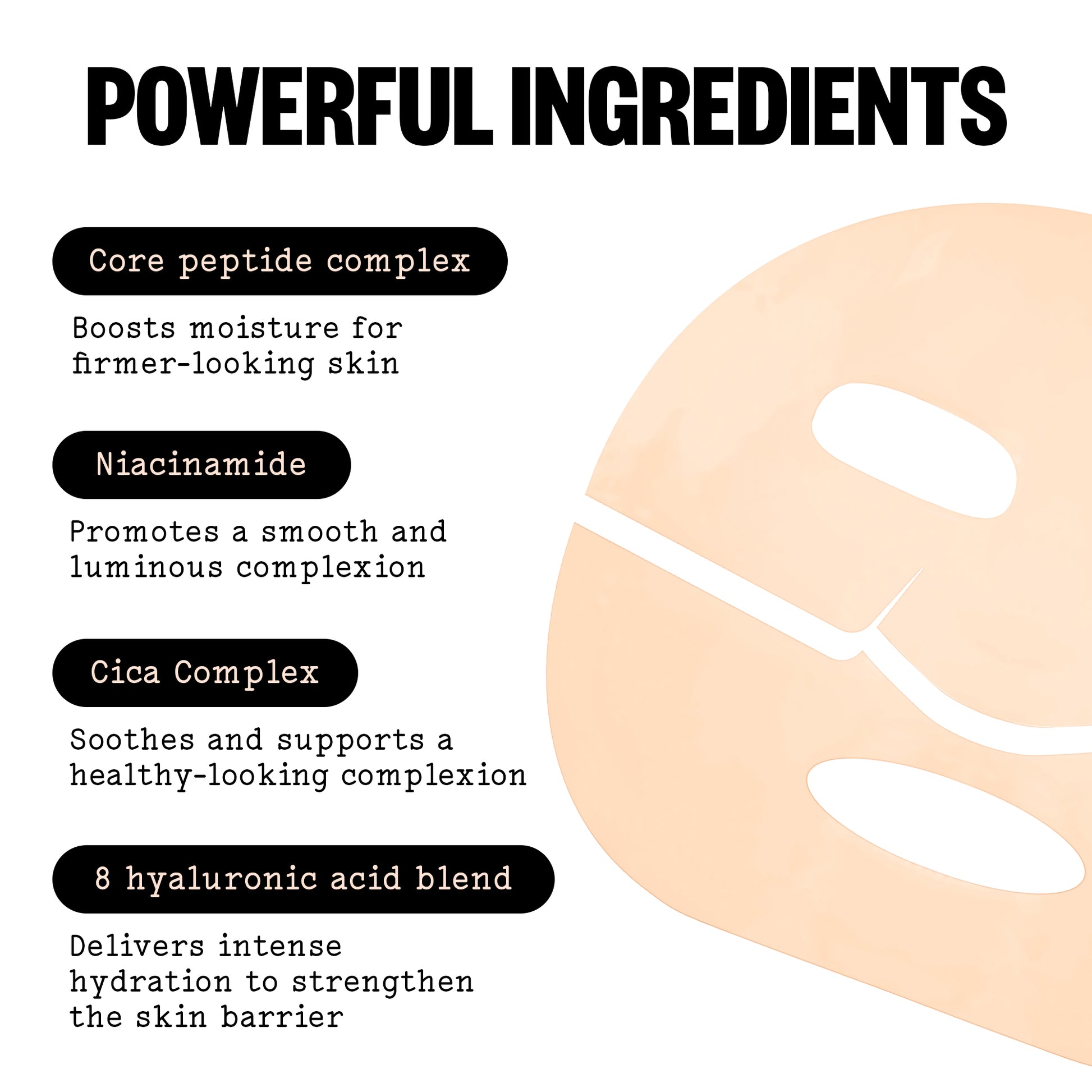 List of Peace Out Overnight Bio-Collagen Recovery Mask's ingredients with a close-up of a skin patch.