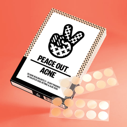 Peace Out Acne Healing Dots hover in packaging on a peach background