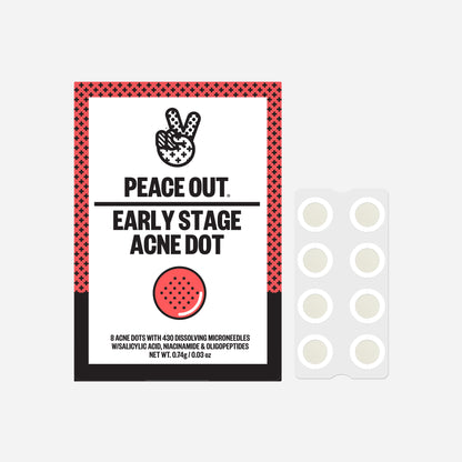 Peace Out early stage acne dots with a white background