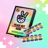 Pride Acne Dots with Rainbow Pattern box and strips hover over a rainbow background