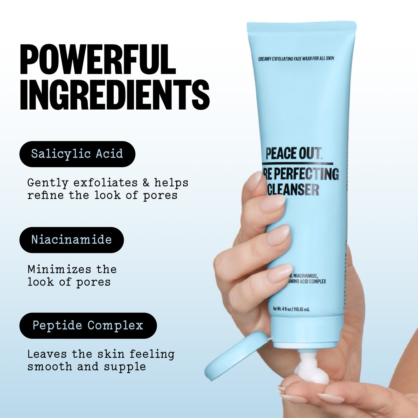 Peace Out Pore Perfecting Cleanser, against a light blue background with Ingredient Highlights