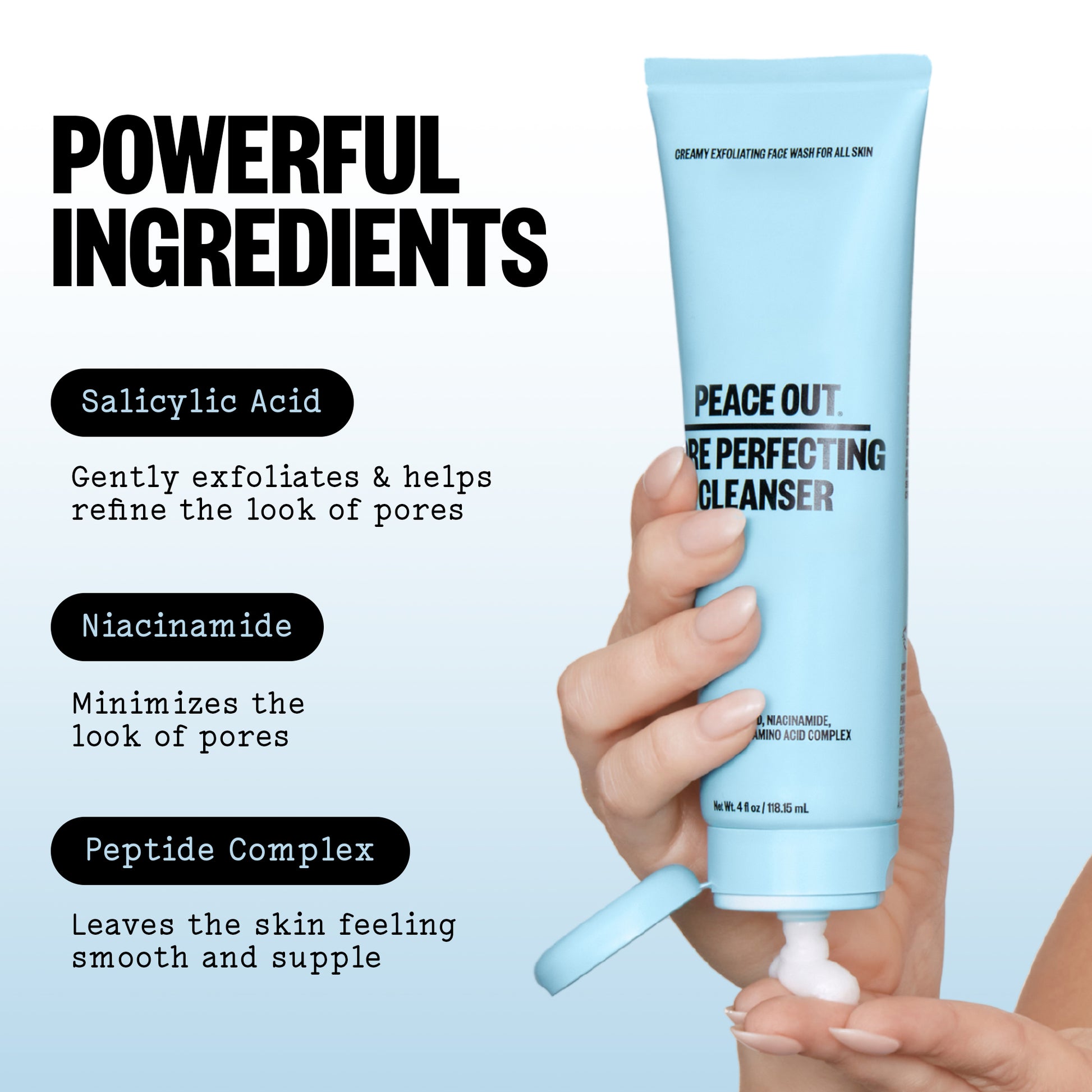Peace Out Pore Perfecting Cleanser, against a light blue background with Ingredient Highlights