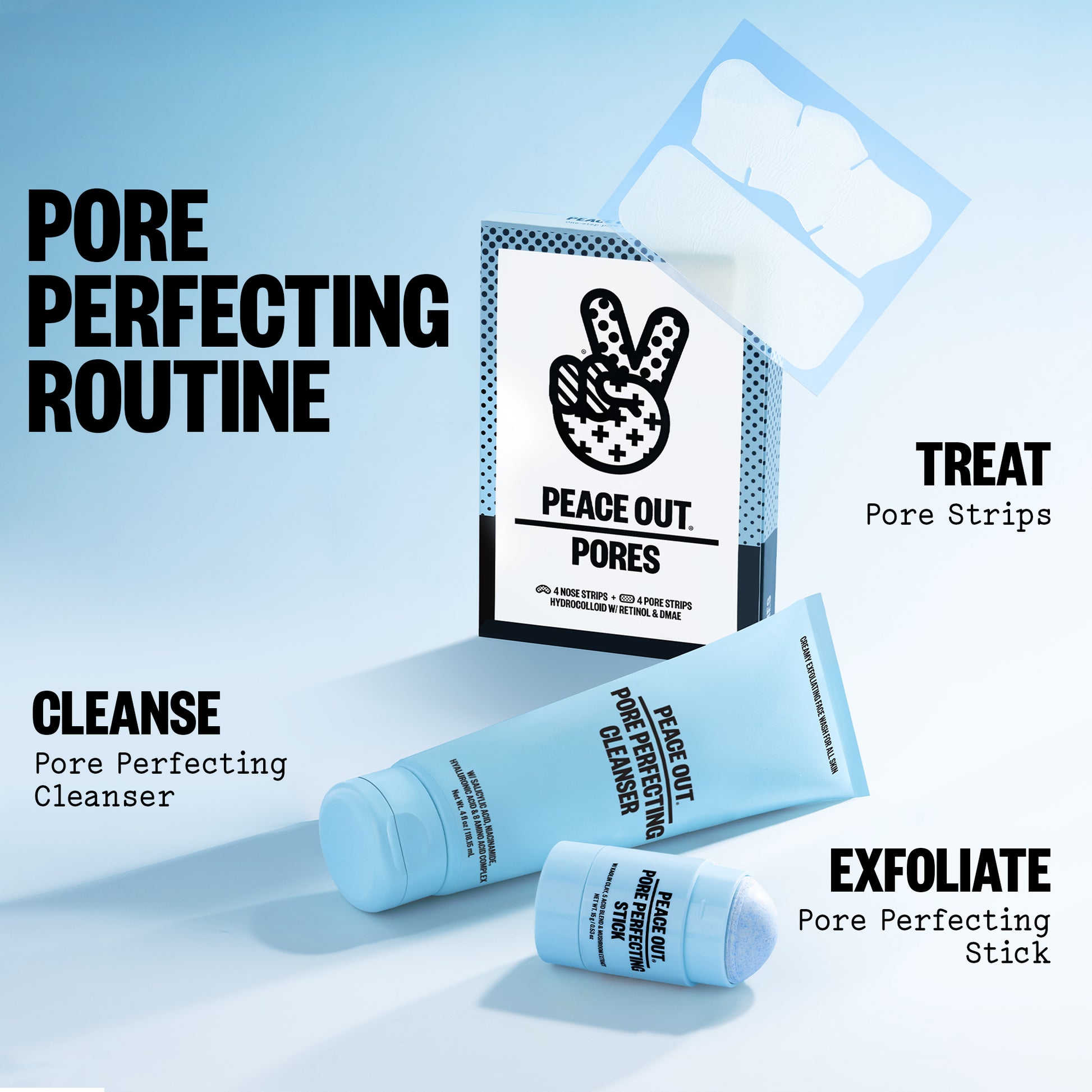 Peace Out cosmetic products for a pore perfecting routine with text on a light blue background