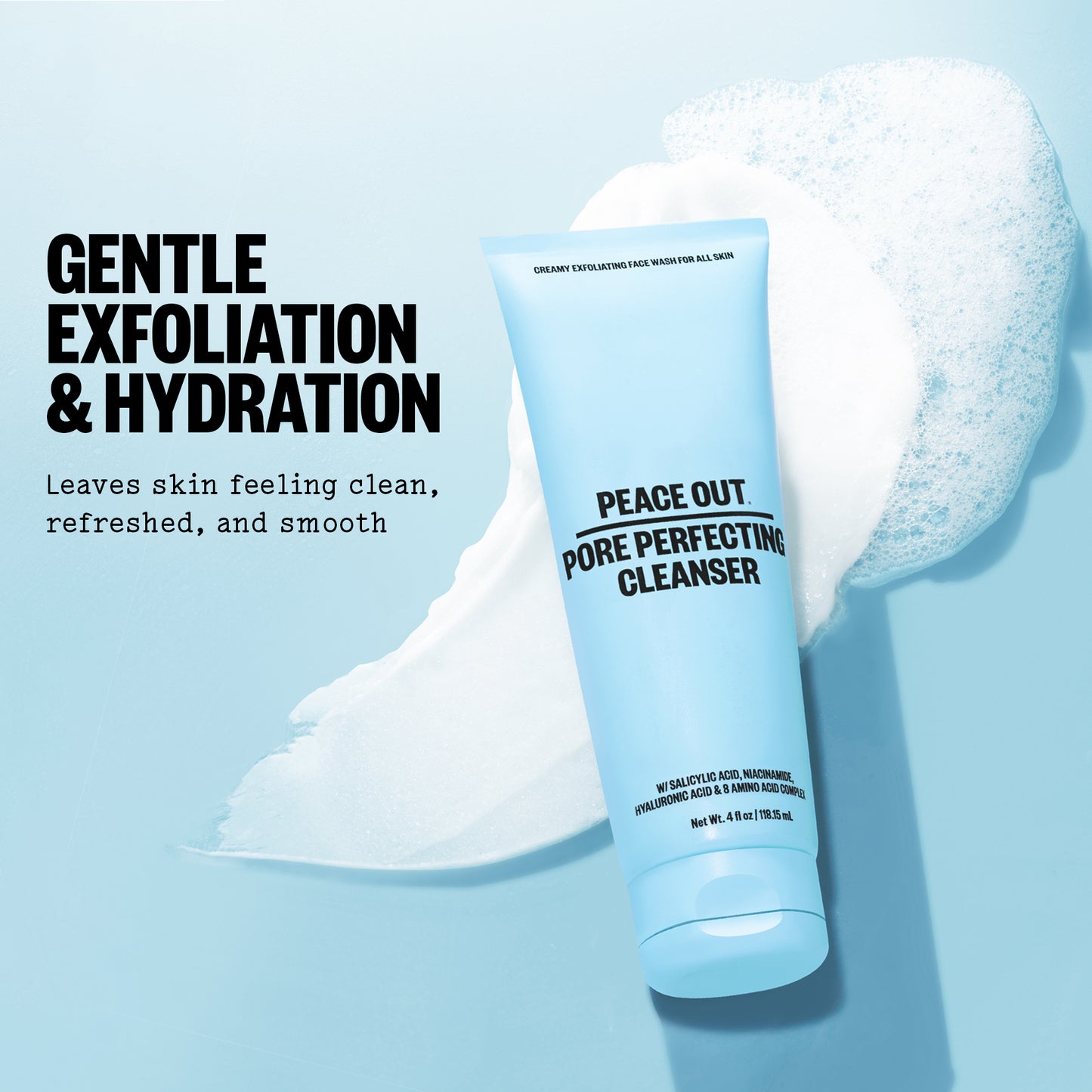 Peace Out Pore Perfecting Cleanser with foam on a blue background