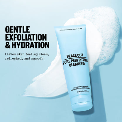 Peace Out Pore Perfecting Cleanser with foam on a blue background