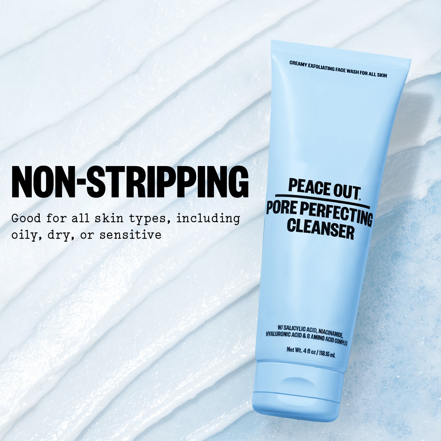 Peace Out Pore Perfecting Cleanser on a textured white background