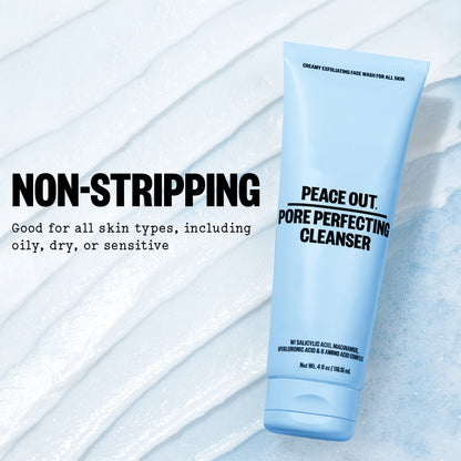 Peace Out Pore Perfecting Cleanser on a textured white background