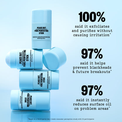 A stack of Peace Out! Pore Perfecting Stick in a light blue color, displayed with promotional text highlighting consumer perception study claims on a light blue gradient background.