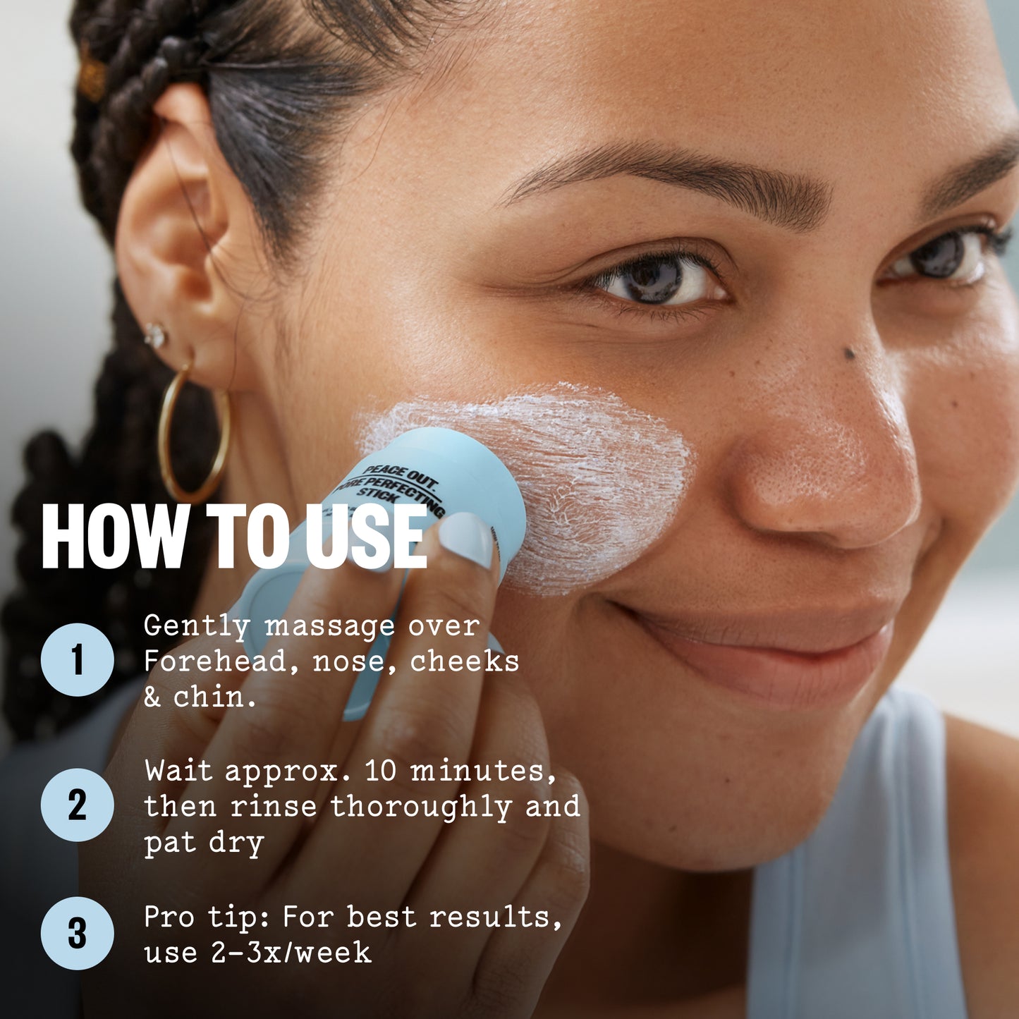 Close-up of a woman applying Pore Perfecting Stick to her cheek, with overlaid text reading 'HOW TO USE' and three usage steps.