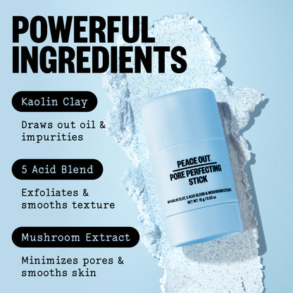 Pore Perfecting Stick on a light blue background with text callouts about Kaolin Clay, 5 Acid Blend, and Mushroom Extract.