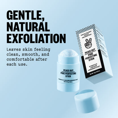 Pore Perfecting Stick exfoliator shown with the open white stick, its black-and-white box, and a floating cap on a light blue background with promotional text.