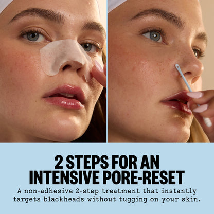A split-screen close-up of a woman demonstrating Pore Refining Strip: one panel shows a translucent patch applied to the nose, and the other shows a cotton swab near the nose. Text at the bottom reads, '2 STEPS FOR AN INTENSIVE PORE-RESET' with supporting copy about targeting blackheads without tugging on the skin.