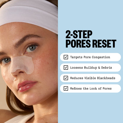 A woman wearing a white headband and a Pore Refining Strip is shown beside text reading '2-STEP PORES RESET' with four benefit bullet points on a light blue background.