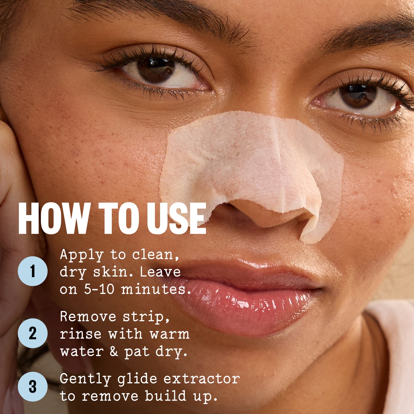 Close-up of a woman's face with a Pore Refining Strip applied to her nose, plus large instructional text reading 'HOW TO USE' and three numbered steps for application and removal.