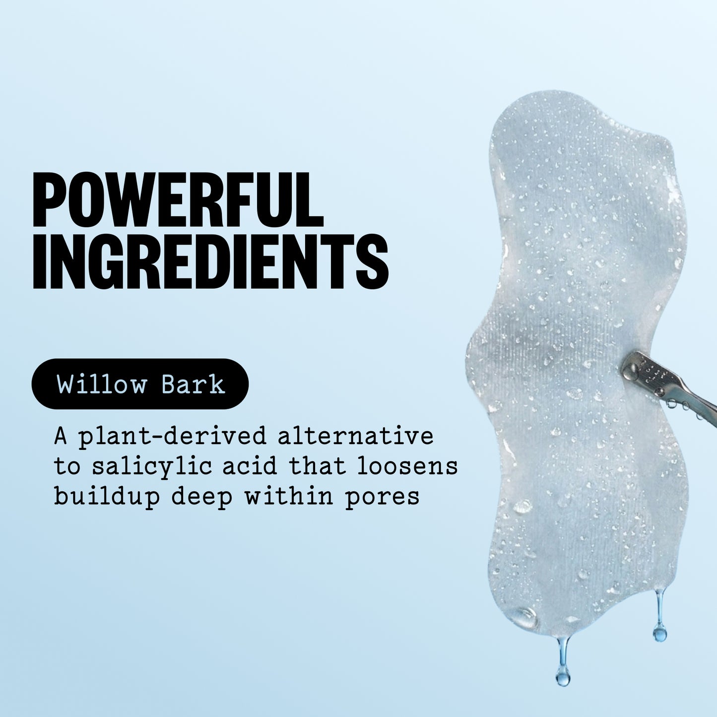 A promotional graphic with the text 'POWERFUL INGREDIENTS' and 'Willow Bark' next to a Pore Refining Strip.