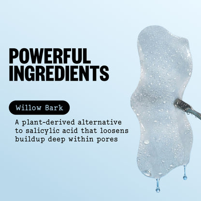 A promotional graphic with the text 'POWERFUL INGREDIENTS' and 'Willow Bark' next to a Pore Refining Strip.